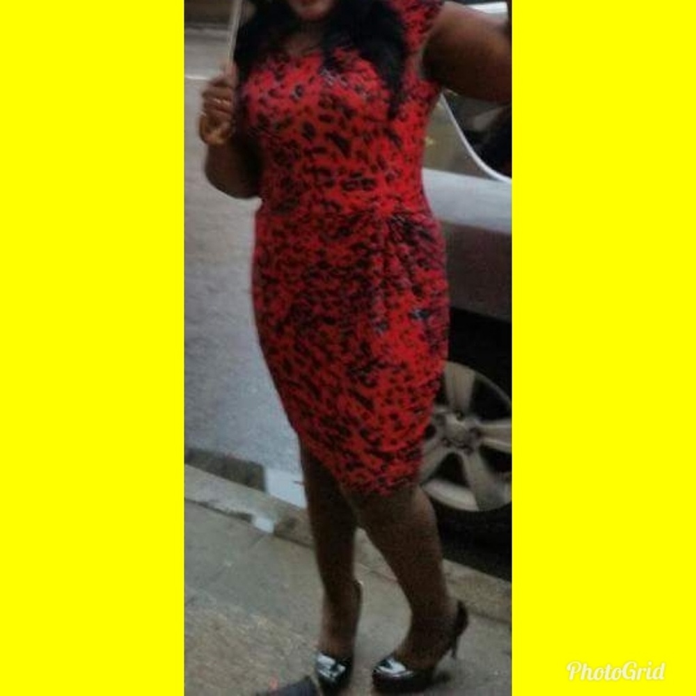 Red and black leopard print midi dress